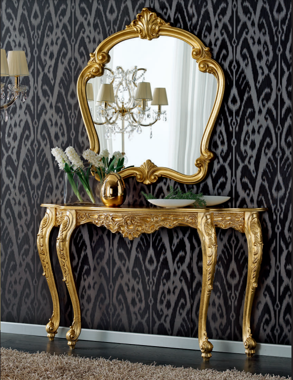Consolle da ingresso barocco colore avorio con fregi oro completa 